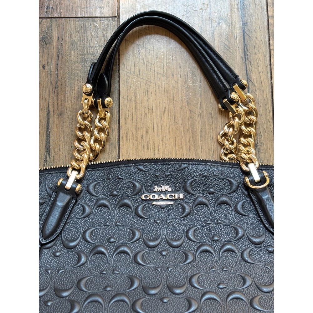 Coach Black Embossed Signature Leather Small Kelsey Satchel Gold Chain Detail - Picture 5 of 14